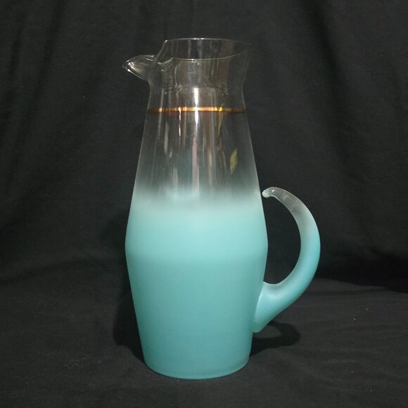 Vtg Blendo West Virginia Glass Specialty Pitcher Turquoise w 6x Flat Tumblers - Picture 2 of 8